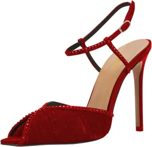 YDN Women’s Studded Rhinestone Slingback Sandals Peep Toe Strappy High Heels with Lace Mesh Satin Bridal Wedding Dressy Shoes Size 4-15 US