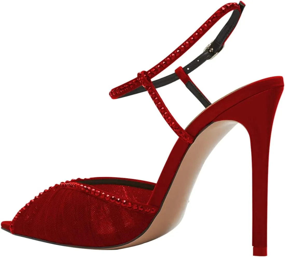 YDN Women’s Studded Rhinestone Slingback Sandals Peep Toe Strappy High Heels with Lace Mesh Satin Bridal Wedding Dressy Shoes Size 4-15 US