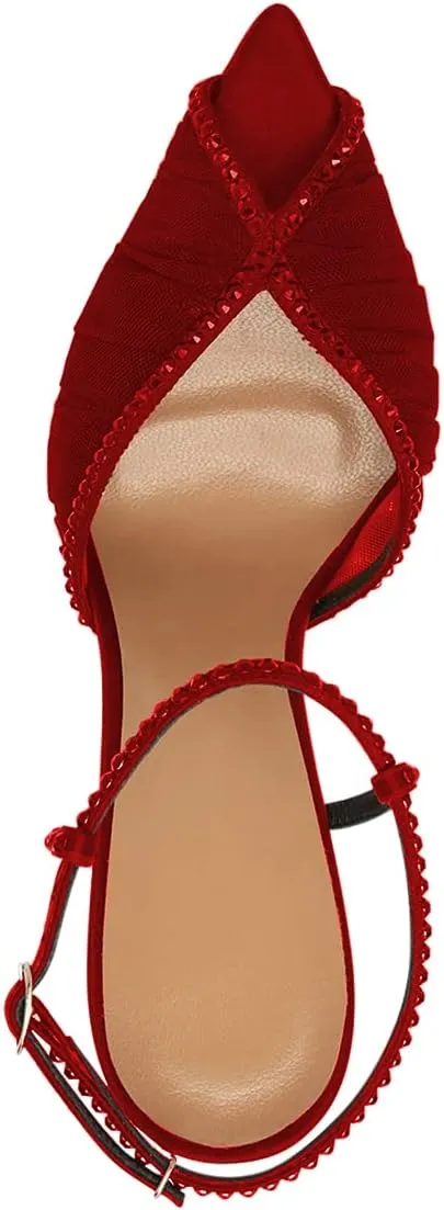 YDN Women’s Studded Rhinestone Slingback Sandals Peep Toe Strappy High Heels with Lace Mesh Satin Bridal Wedding Dressy Shoes Size 4-15 US