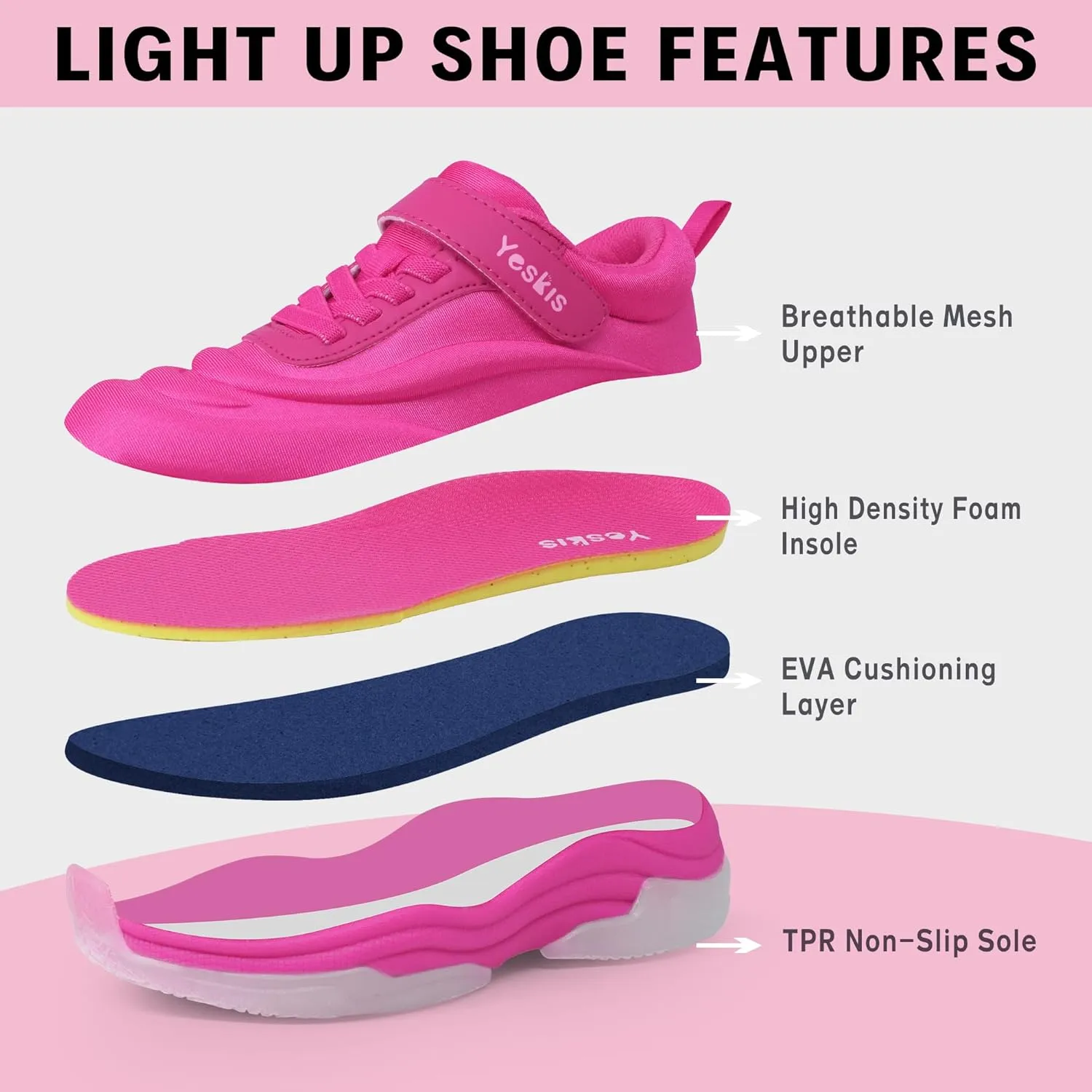 YESKIS Boys Girls Light Up Shoes with Switch 3 Lighting Modes Fizzzy Big Kids LED Running Tennis Sneakers for Toddler Little and Big Kid
