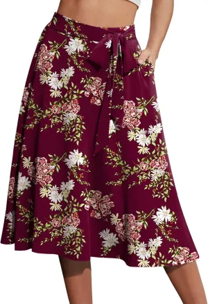 Yincro Women's A-Line Midi Skirt with Pockets High Waist Flared Below The Knee Skirts