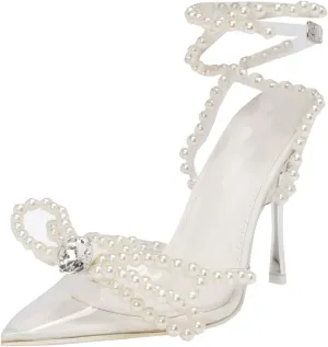 YIYA Women's Pointed Toe Clear Heels Sandals with Strappy Pearls Ankle Strap Sexy Rhinestone Bow Heels Stiletto High Heel Wedding Party Pumps Shoes