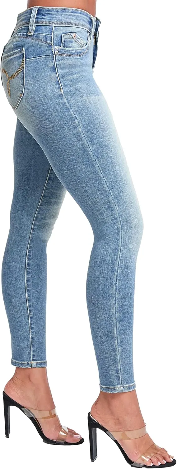 YMI Women's Wannabettabutt Mid Rise Embroidered Skinny Jean