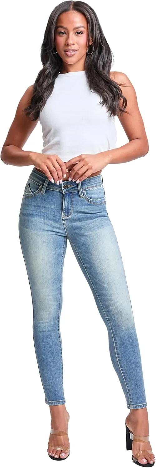 YMI Women's Wannabettabutt Mid Rise Embroidered Skinny Jean