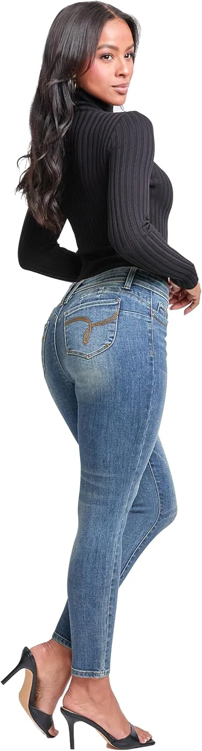 YMI Women's Wannabettabutt Mid Rise Embroidered Skinny Jean