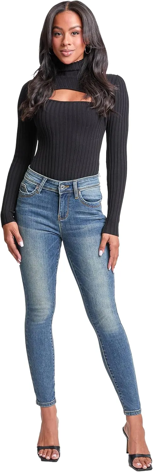YMI Women's Wannabettabutt Mid Rise Embroidered Skinny Jean