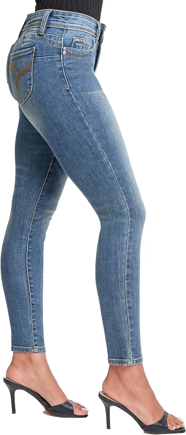YMI Women's Wannabettabutt Mid Rise Embroidered Skinny Jean