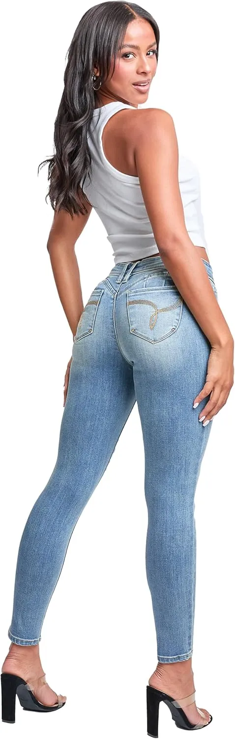 YMI Women's Wannabettabutt Mid Rise Embroidered Skinny Jean