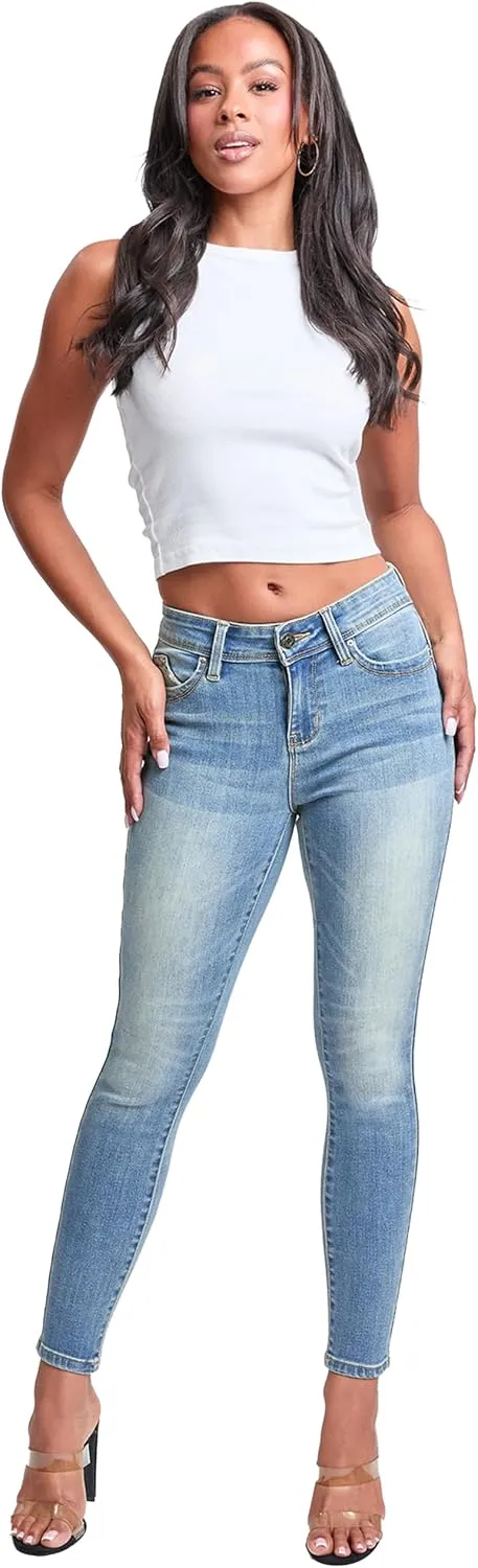 YMI Women's Wannabettabutt Mid Rise Embroidered Skinny Jean