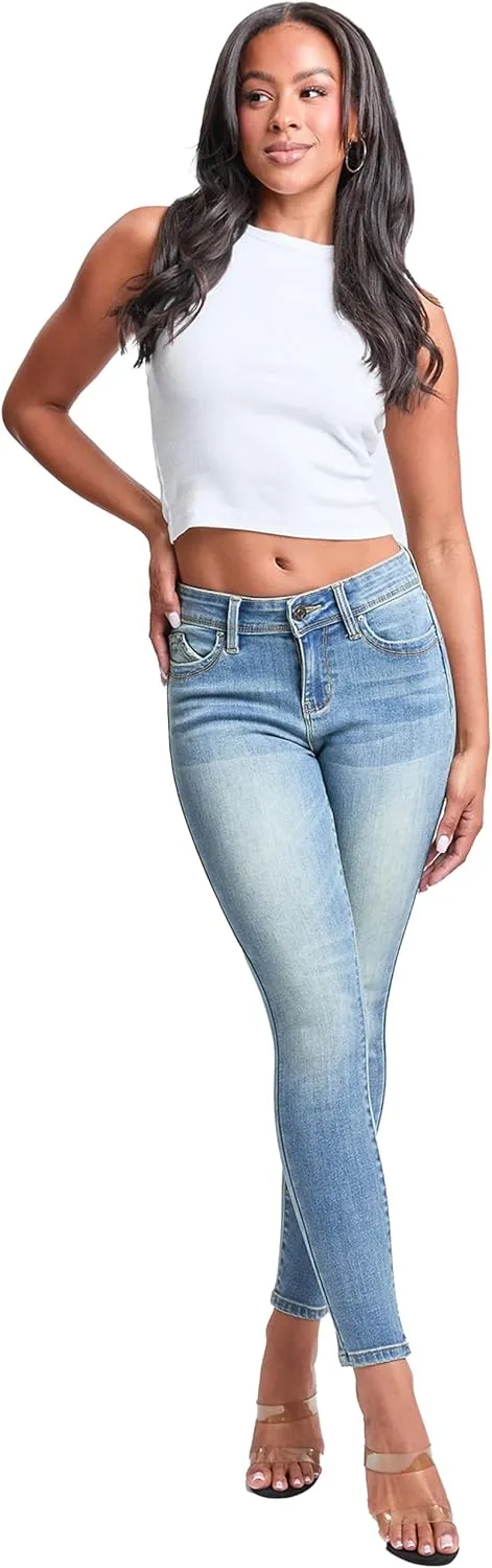 YMI Women's Wannabettabutt Mid Rise Embroidered Skinny Jean