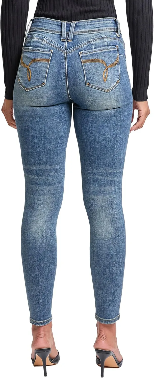 YMI Women's Wannabettabutt Mid Rise Embroidered Skinny Jean