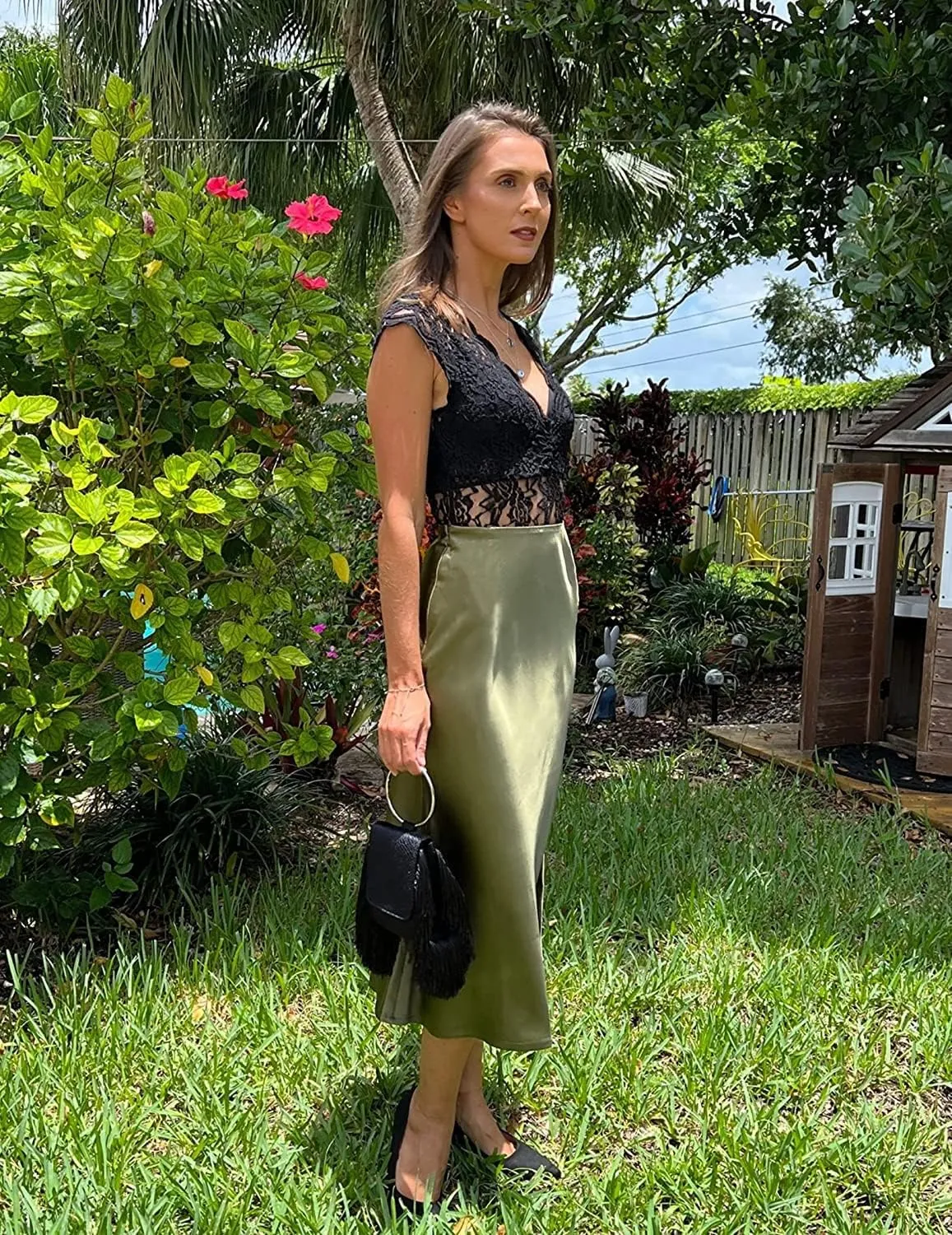 Zeagoo Skirts for Women Jacquard High Waist Skirt Black Elegant Midi Skirt Satin