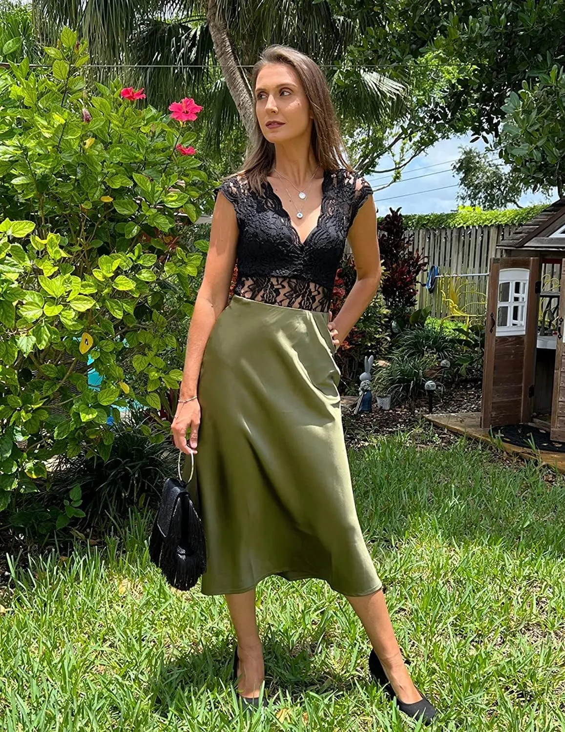 Zeagoo Skirts for Women Jacquard High Waist Skirt Black Elegant Midi Skirt Satin