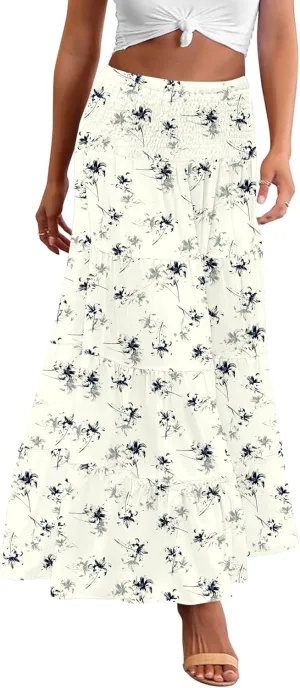 Zeagoo Women's Long Maxi Skirts Tiered Elastic High Waist Boho Double Layered Print A-Line Casual Midi Dress