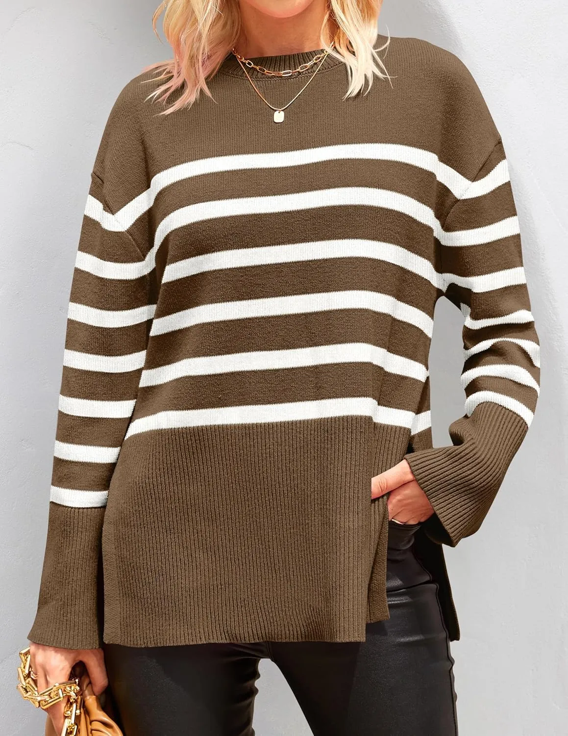 ZESICA Women's Fall Winter Striped Long Sleeve Crew Neck Ribbed Knit Side Slit Oversized Pullover Sweater Jumper Top