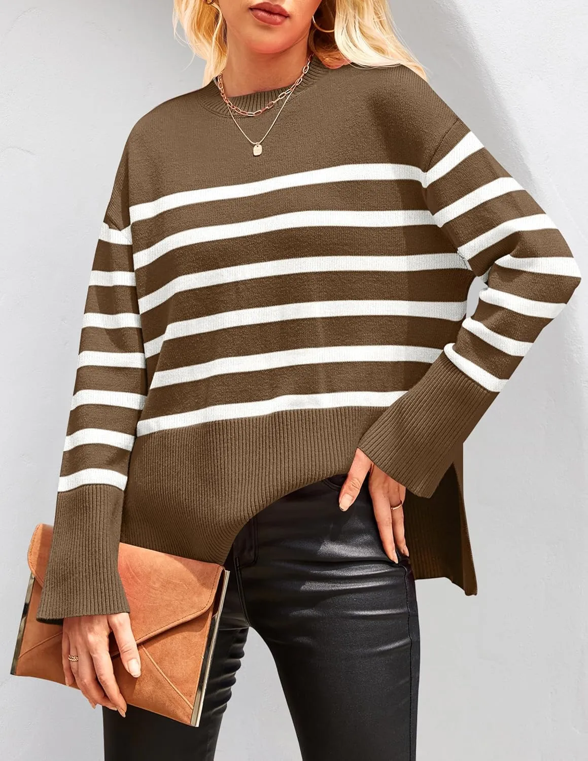 ZESICA Women's Fall Winter Striped Long Sleeve Crew Neck Ribbed Knit Side Slit Oversized Pullover Sweater Jumper Top