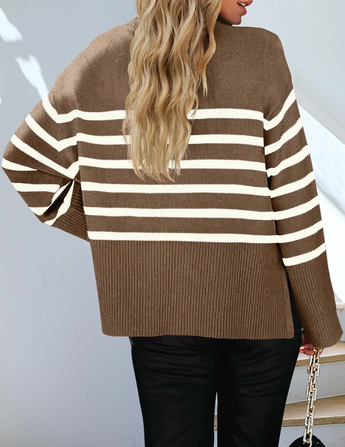 ZESICA Women's Fall Winter Striped Long Sleeve Crew Neck Ribbed Knit Side Slit Oversized Pullover Sweater Jumper Top