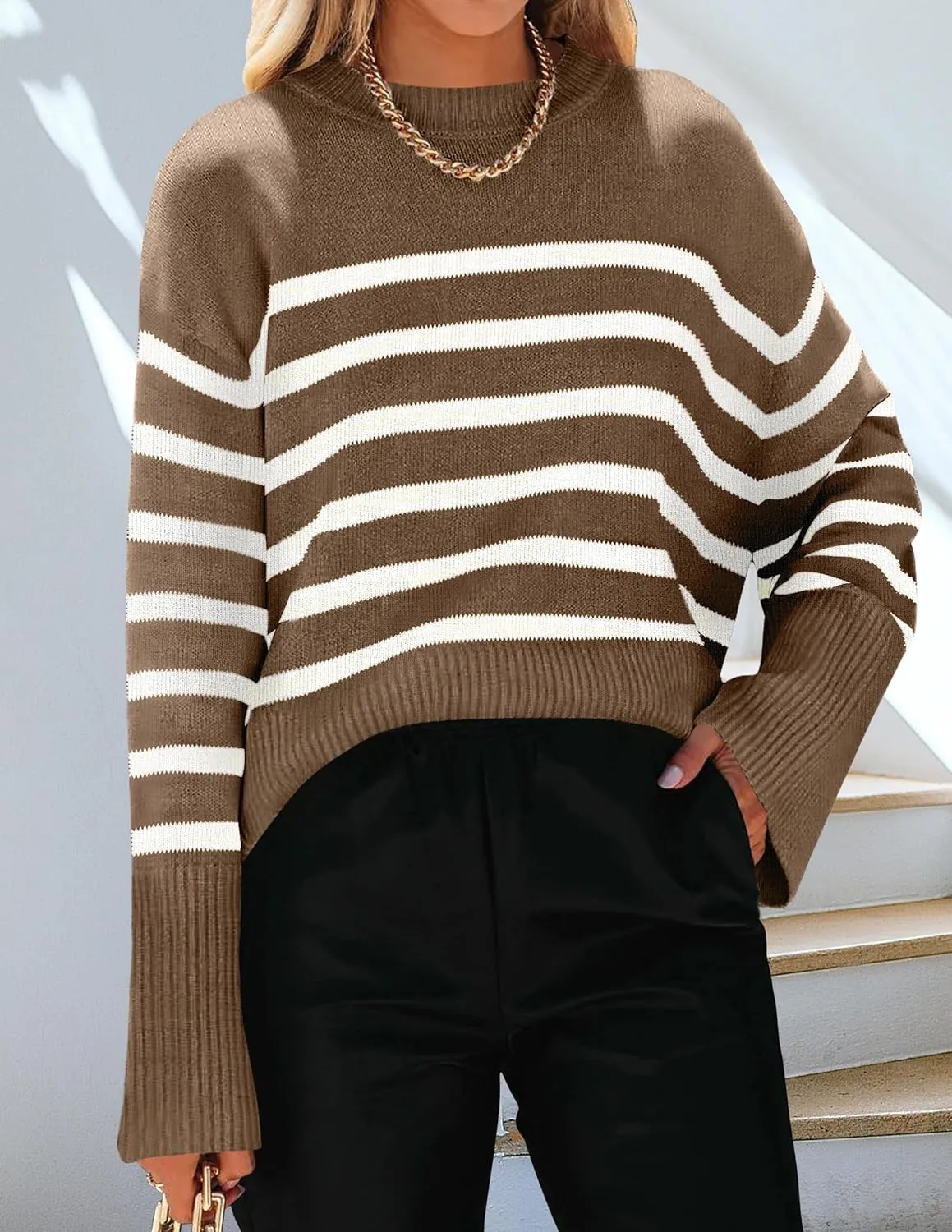 ZESICA Women's Fall Winter Striped Long Sleeve Crew Neck Ribbed Knit Side Slit Oversized Pullover Sweater Jumper Top