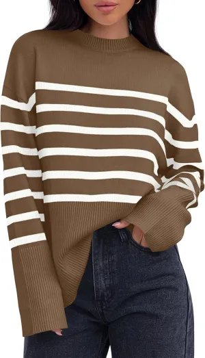 ZESICA Women's Fall Winter Striped Long Sleeve Crew Neck Ribbed Knit Side Slit Oversized Pullover Sweater Jumper Top