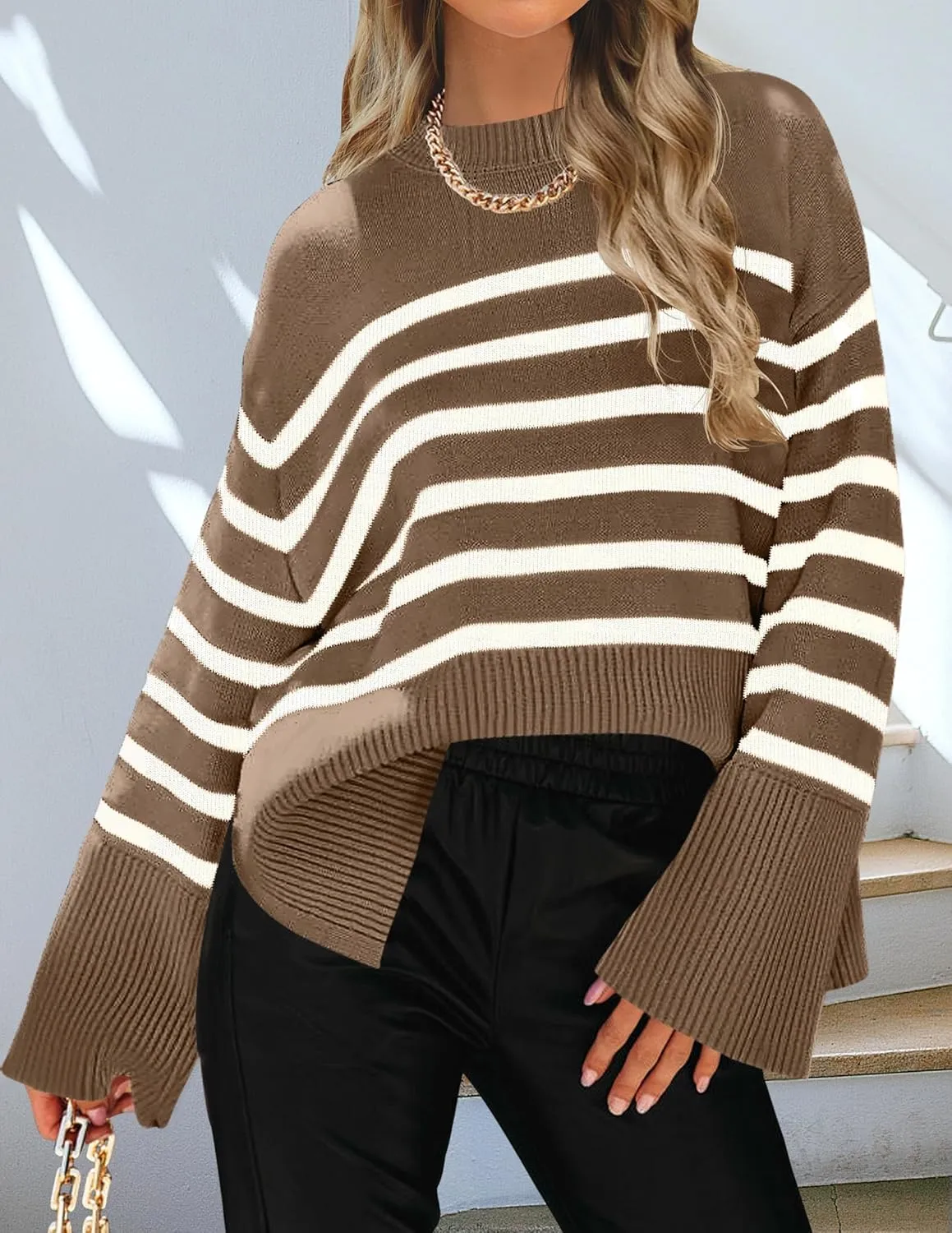 ZESICA Women's Fall Winter Striped Long Sleeve Crew Neck Ribbed Knit Side Slit Oversized Pullover Sweater Jumper Top